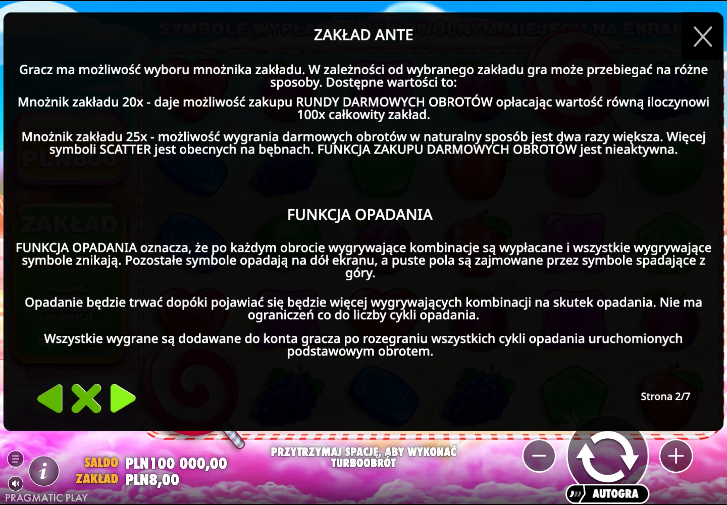 Sweet Bonanza — instrukcja ante i opadania
