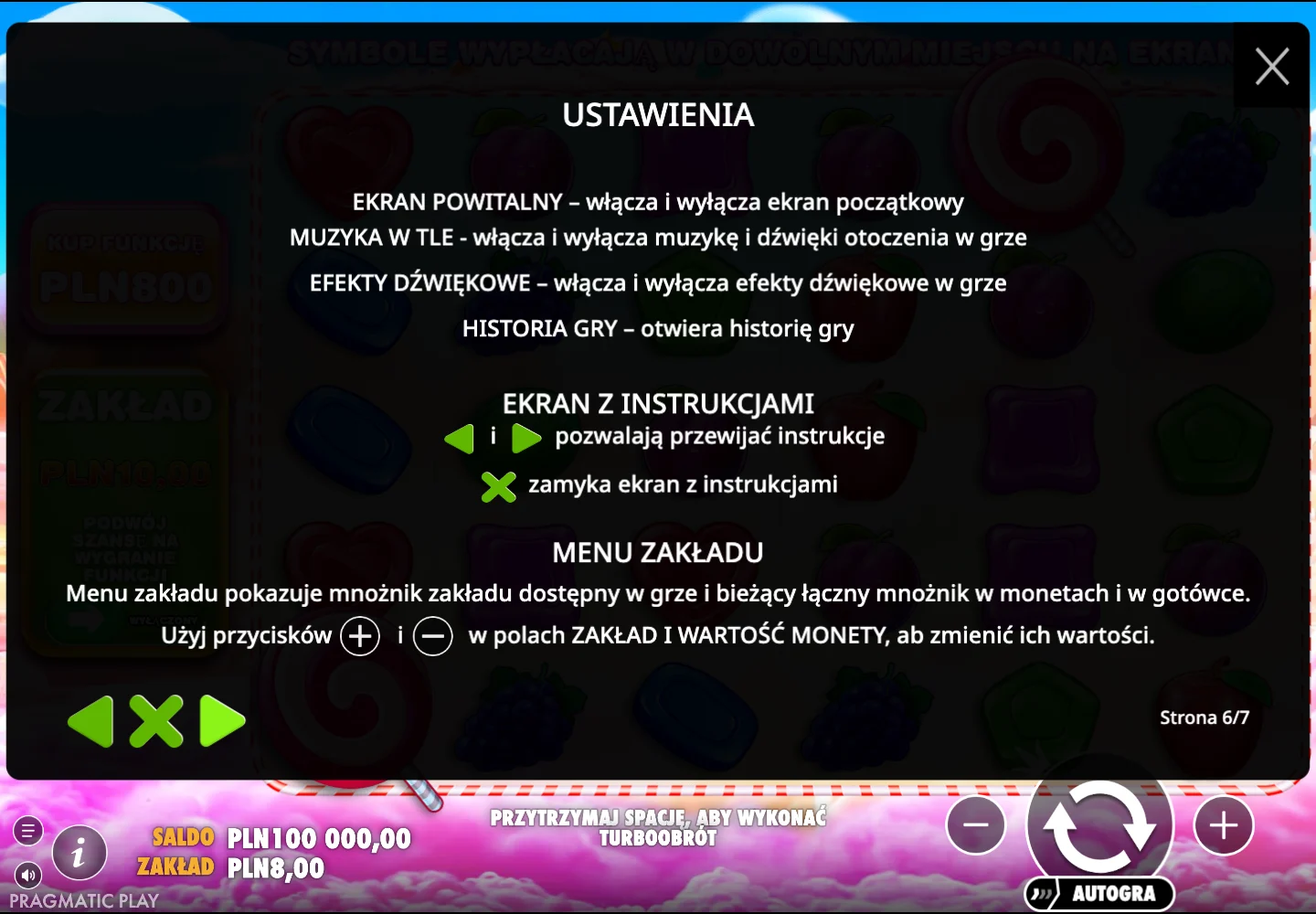Sweet Bonanza — ustawienia i menu zakładu